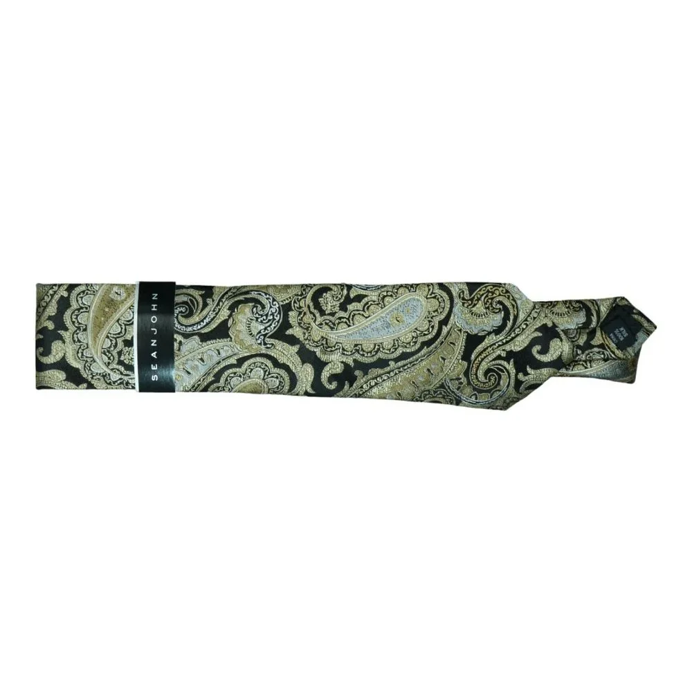 NWT $59 Sean John 100% Silk Neck Tie Gold Black Dewel Paisley 58